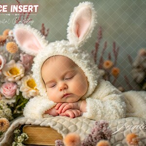 Newborn Digital Backdrop Face Photography, Easter Bunny Newborn Digital Background, Newborn Face Inset Rabbit Chilling Spring Floral