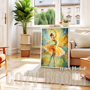 Vertical PSD Frame Mockup in Cozy Home Interior A11: Wood Frame, Print & Poster Mockup for Digital Wall Art. European Style Cozy Room Photo