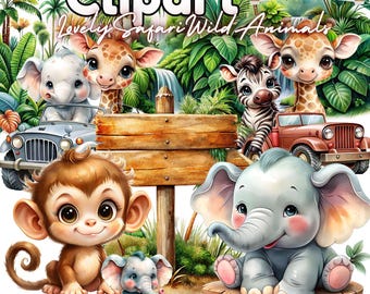 Clipart de animales de safari en acuarela: Jungla PNG (Descarga digital)