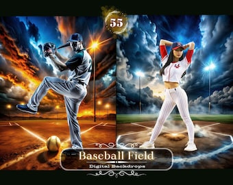 Peut inclure: Une toile de fond de terrain de baseball avec un ciel dramatique. Un joueur de baseball en uniforme blanc lance la balle, et une femme en uniforme de baseball blanc et rouge se tient sur le monticule du lanceur. La toile de fond est parfaite pour créer des photos sur le thème du sport.