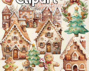 Gingerbread House Watercolor Clipart: Christmas Candy PNG (Digital Download)