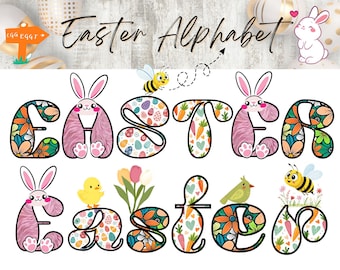Bunny Easter Alphabet Clipart: Floral Carrots PNG (Digital Download)
