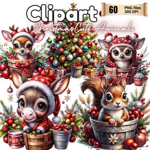 Lindos animales bebés en un cubo de madera, conjunto de imágenes prediseñadas, imágenes prediseñadas de Navidad PNG, lindos animales bebés, tarjetas navideñas, imágenes de descarga instantánea