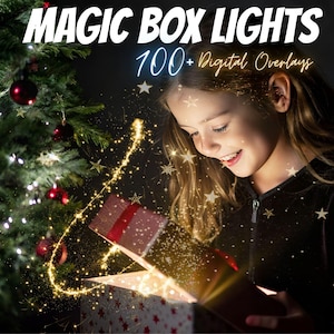 May include: A young person opens a gift box with a magical glow emanating from inside. The box is decorated with stars and the glow creates a sparkling effect. The image is set against a dark background with a Christmas tree in the background.