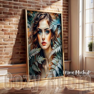 Vertical PSD Frame Mockup in Cozy Home Interior: Wood Frame, Print & Poster Mockup for Digital Wall Art. European Style Brick Wall Photo
