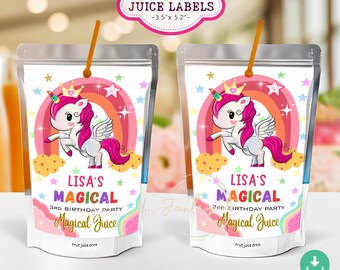 May include: Two juice pouches with a unicorn design. The pouches have a rainbow, stars, and clouds background. Text on the pouches reads "Lisa's Magical 3rd Birthday Party Magical Juice". The top label says "Juice Labels -3.5" x 5.2"".