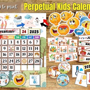 Eeuwigdurende kinderkalender, afdrukbare Montessori Homeschool Visuele kalender voorschoolse klas, ochtendbord Weeremotiesgrafiek