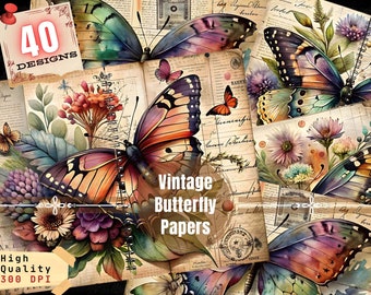 Kit per diario vintage con farfalle: pagine di scrapbooking stampabili (download digitale)