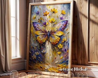 A4 Wood Frame Mockup: Cozy Home Interior, Wall Art (PSD)