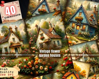 May include: A digital collage of 40 vintage flower garden house illustrations. The houses are painted in various colors, including blue, white, and yellow. The houses are surrounded by lush greenery and flowers.