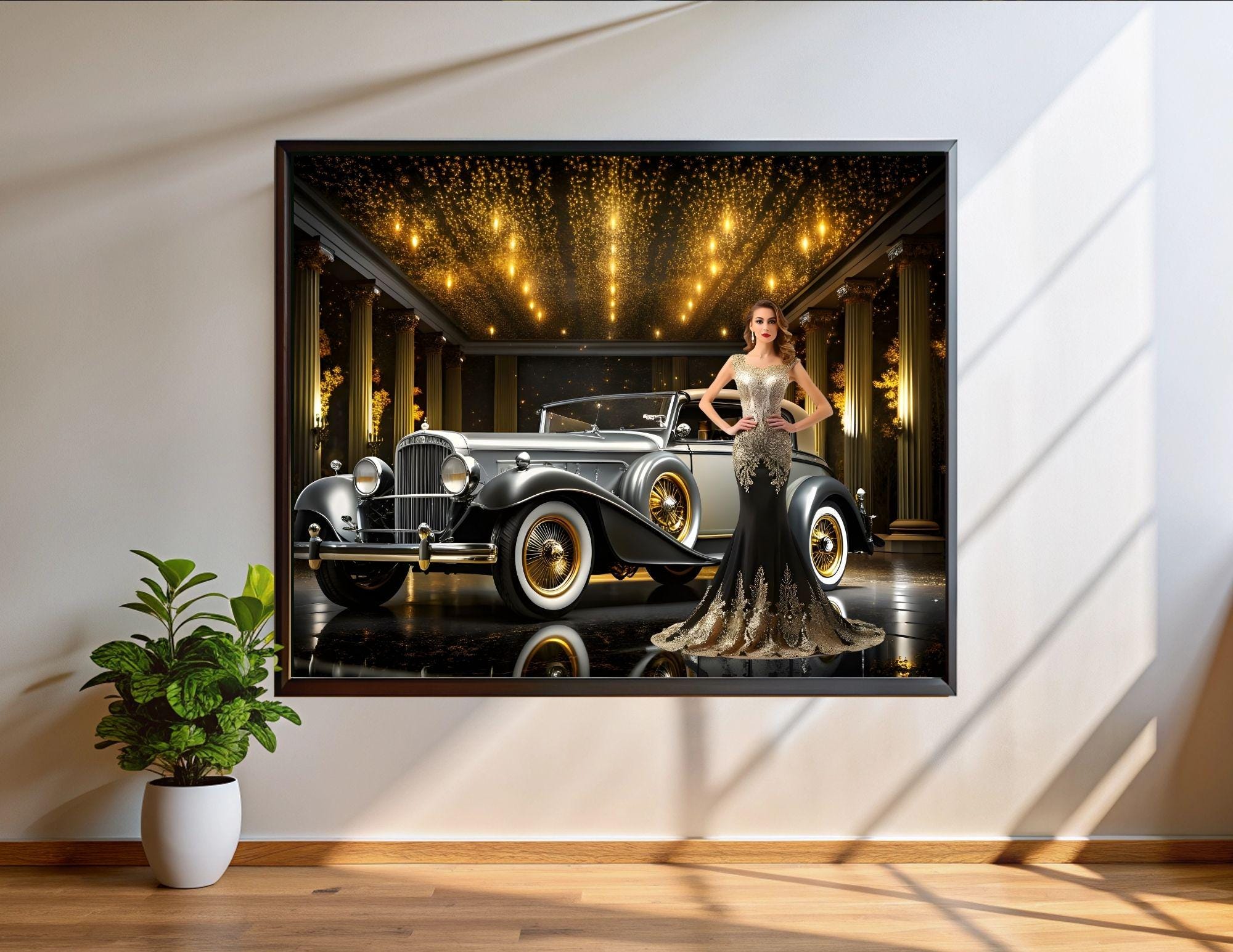 Vintage Car Digital Backdrop: Luxury Black & Gold Room (digital ...