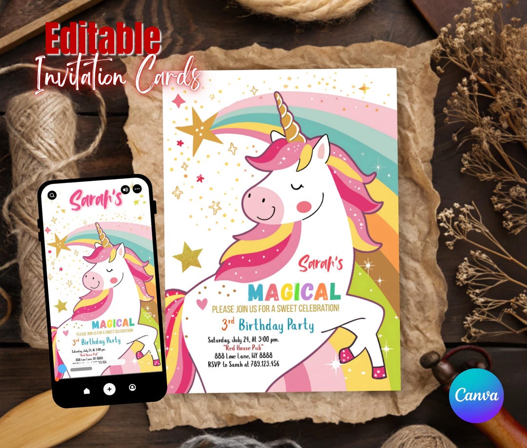 Magical Unicorn Birthday Invitation Template, Editable Photo Invite ...