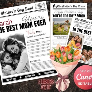 3 Designs Editable Mother&#39;s Day Newspaper Canva Template, Personalized Mother&#39;s Day Gift, Printable Mother&#39;s Day Card, Flower Bouquet Wrap