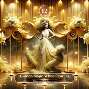 Luxury Gold Digital Backdrop Golden Stage White Flowers digital Backgrounds Maternity Backdrop Overlays Studio Backdrops Photoshop Fine Art