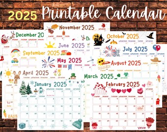 Kinder 2025 druckbarer Kalender, Monatsplaner (PDF bearbeitbare Canva-Vorlage)