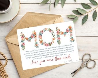 May include: A card with a floral design spelling out "MOM" and a message that reads "Mom, you are the one person who has loved me before I even knew what love was. You've carried me - not just in your arms, but through every moment when I needed strength, comfort, and hope. You've been my quiet guide, my strongest support, and my biggest fan. If I could choose anyone in the world to be my mom, I'd still choose you - every single time. Love you more than words. From, Sarah."