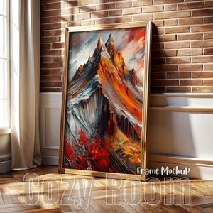 Vertical PSD Frame Mockup in Cozy Home Interior A7: Wood Frame, Print & Poster Mockup for Digital Wall Art. European Style Brick Wall Photo