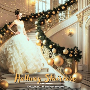 Golden Staircase Backdrop, Christmas Stair, Xmas Background, Portrait Photoshoot, Palace, Holiday Photography Backdrop, Festive Composite