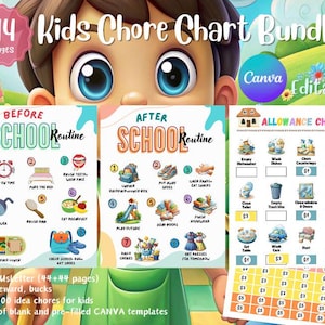 May include: A colorful printable chore chart bundle for kids with 44 pages. The chart includes a before school routine, an after school routine, and an allowance chart. The charts are editable in Canva.