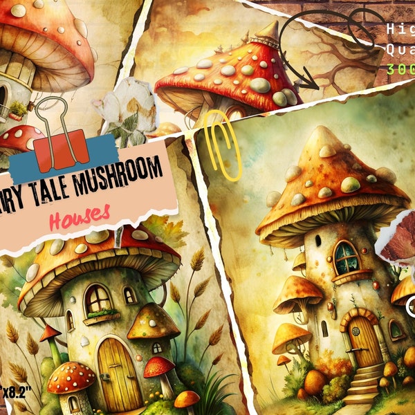 Fairy Tale Mushroom Houses, Retro Style, Digital Scrapbook Paper Kit, Botanical School Sheet, Junk Journal Book, Unique DIY Scrapbook Book.