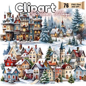 Christmas Village Clipart: 76 Winter Holiday PNG Houses (Digital Download)