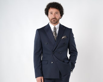Navy blue striped double-breasted suit jacket trousers slim fit PAREZ
