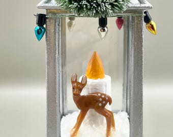 Christmas Miniature Silver Lighted Lantern With Miniature Deer and Snow Inside