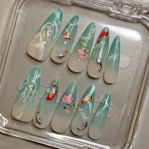 Koi Fish & Lotus Stiletto Press On Nail | Japanese Inspired Nail Art | Custom Artistic Nail Set |Spring Summer Nails | Luxury Koi Fake Nails