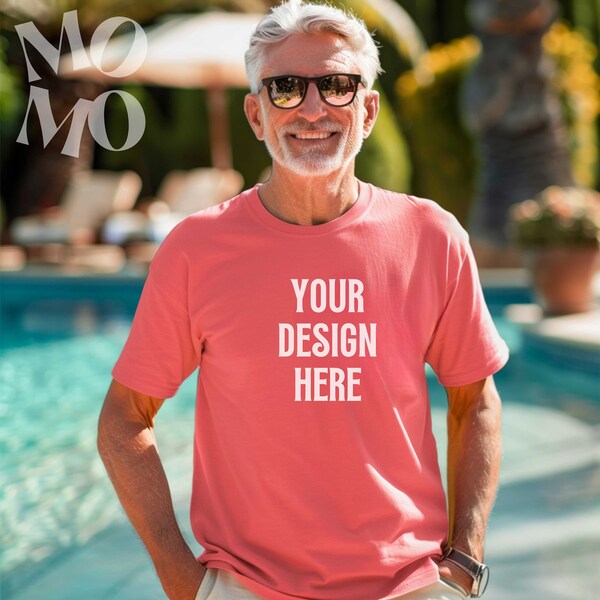 Gildan 5000 Coral Silk Tshirt Mockup | Senior Pool Party | Old Grey Hair Man | Elderly Male Vacation | Father Dad Grandpa Summer | JPG PNG