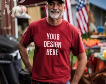 Tshirt Gildan 5000 rouge cardinal, maquette numérique | Senior patriotique | Ancien combattant | Modèle gris pour homme plus âgé | 4 juillet | Fête de l'indépendance