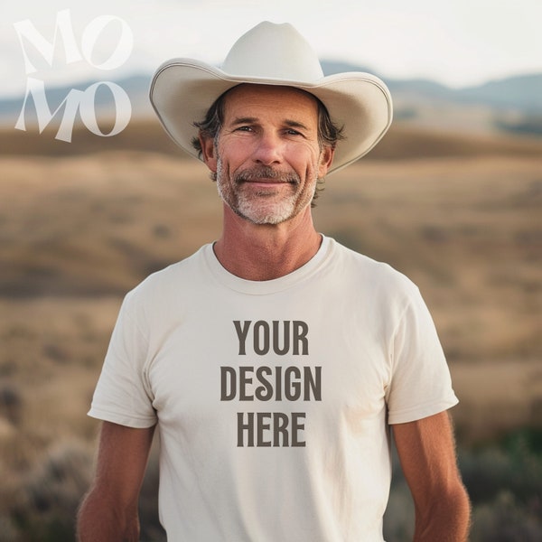 Gildan 5000 Natural Tshirt Mockup | Western Country Senior Man | Older Grandpa Cowboy Farmer Mock | Elderly Grandfather Beard | | JPG PNG