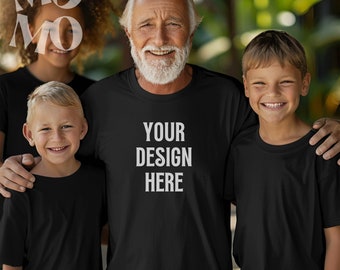 Maquette de t-shirt noir Gildan 5000 | Téléchargement numérique | Grand-père avec enfants | Heureux vieil homme senior | Cheveux gris homme | Personnes âgées | JPG PNG