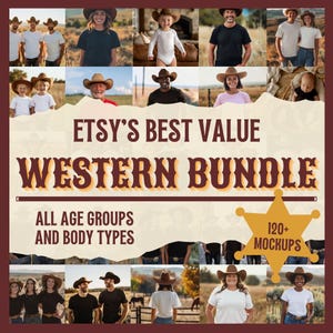 Mockup di magliette Western Bundle Mockup di magliette da cowboy e cowgirl Mockup di magliette da contadino del Texas Download digitale Mockup di magliette Western per bambini Cowboy più vecchio