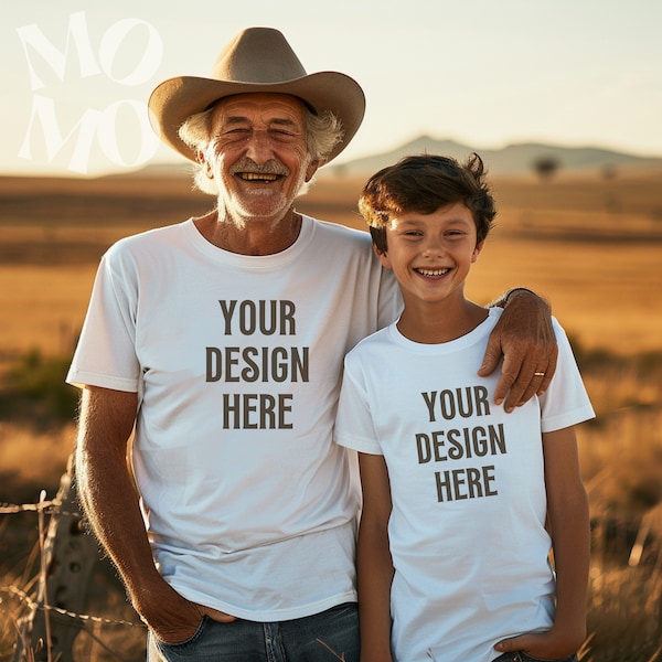 Gildan 5000 White Tshirt Mockup | Western Country Senior Man Group  | Grandpa Grandson Child Cowboy Farmer | Elderly Grandfather | JPG PNG