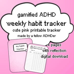 以下が含まれることがあります： ピクセルフォントで「gamified ADHD weekly habit tracker, cute pink printable tracker, made by a fellow ADHDer, 4 pages with reflection, digital download, my habit tracker」と書かれたピンク色のデジタル習慣トラッカー。