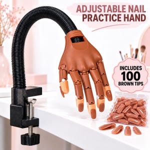 Puede incluir: Una mano de práctica para uñas ajustable con cuello negro flexible y base de abrazadera. La mano de maniquí marrón tiene dedos articulados e incluye una bolsa de plástico con 100 puntas de uñas marrones. El texto dice: ADJUSTABLE NAIL PRACTICE HAND e INCLUDES 100 BROWN TIPS.