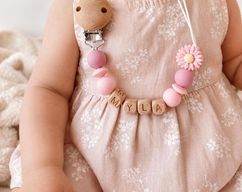 Attache-tétine personnalisée, attache-tétine avec prénom, cadeau de naissance pour fille, attache-tétine bohème en silicone et bois