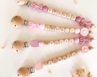 Personalized Dummy Clip Bow: Pink Crochet Bead, Pacifier Holder | Personalized Pacifier Clip | Custom Newborn Soother Holder