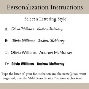 May include: A white background displays "Personalization Instructions" and instructions for selecting a lettering style. Four lettering styles are shown, each with the names "Olivia Williams" and "Andrew McMurry" in different fonts. Instructions are provided for adding personalization.