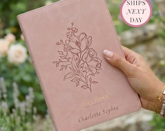 Personalized Pink Thinline Bible Faux Leather Custom KJV Bible Floral King James Version Thumb Index Bibles for Mother's Day or Baptism Gift