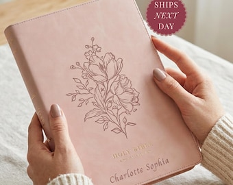 Personalized Pink Thinline Bible Faux Leather Custom KJV Bible Floral King James Version Thumb Index Bibles for Mother's Day or Baptism Gift