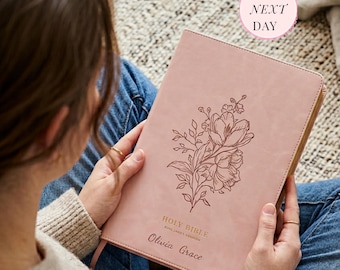 Personalized Pink Floral KJV Bible Faux Leather Custom Thin Line Bible King James Version Thumb Indexed for Mother's Day or Baptism Gift