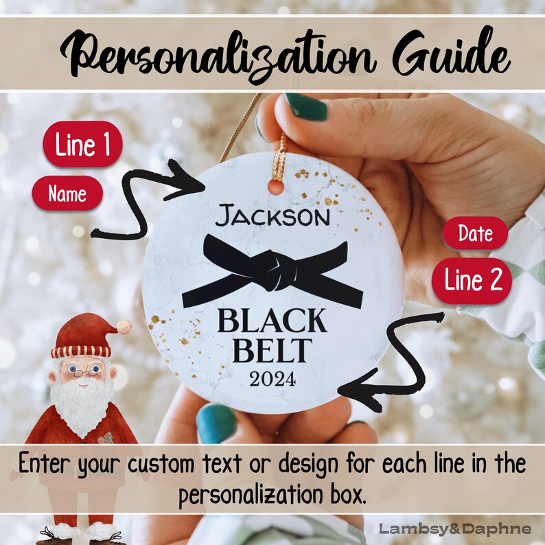 May include: White round ornament with a black belt design and the text "JACKSON BLACK BELT 2024".