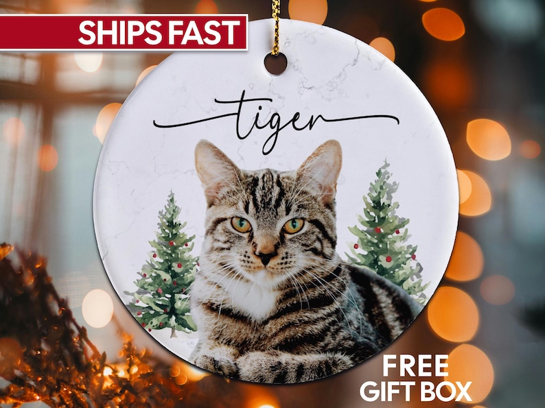 K&ouml;nnte beinhalten: Runder Keramikschmuck mit einer getigerten Katze und dem Wort "tiger". Zwei aquarellierte Weihnachtsb&auml;ume flankieren die Katze. Der Schmuck hat einen marmorartigen Hintergrund. Der Text "SHIPS FAST" steht oben.