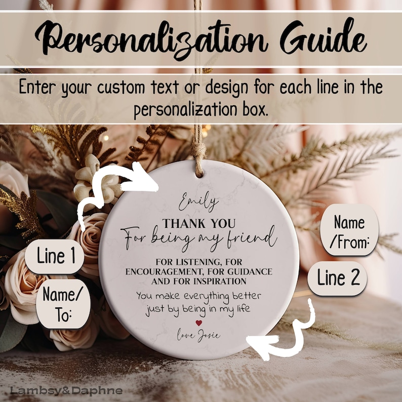 May include: White ceramic ornament with a marbleized design. The ornament features the text "Thank you for being my friend" with a heart and the text "love Josie".