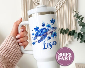 Personalized Sea Turtle Tumbler 40oz Turtle Tumbler Cup Sea Turtle Travel Mug Custom Name Turtle Tumbler With Handle Sea Turtle Travel Cup