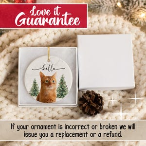 K&ouml;nnte beinhalten: Runder Keramikschmuck mit einer orangefarbenen Katze namens Bella und zwei gr&uuml;nen Weihnachtsb&auml;umen. Der Schmuck befindet sich in einer wei&szlig;en Geschenkbox. Der Text "Love it Guarantee" steht oben.