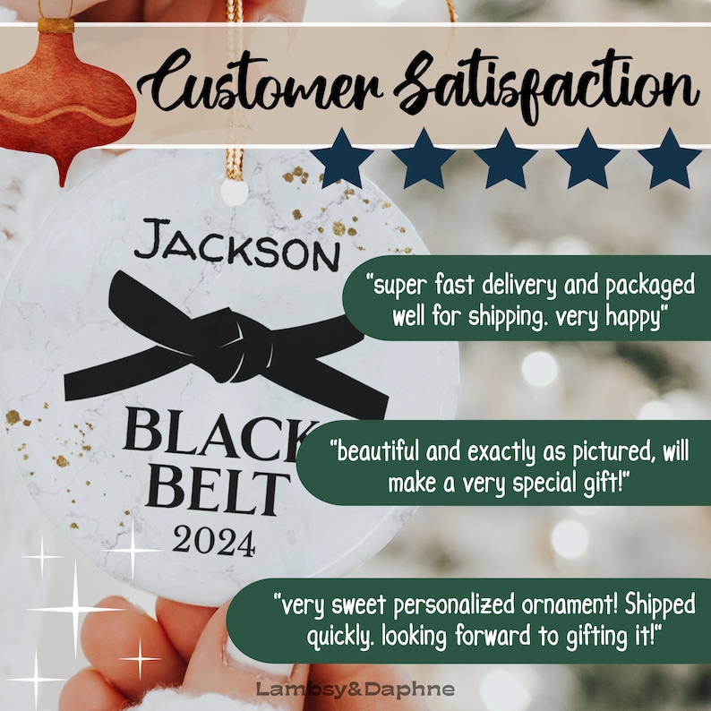 May include: White ceramic ornament with a black belt design, the text "JACKSON BLACK BELT 2024" and customer reviews.