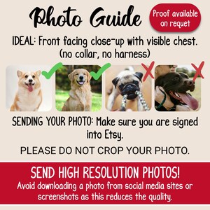 K&ouml;nnte beinhalten: Ein Fotof&uuml;hrer mit Text und Bildern von Hunden. Der Text lautet "Photo Guide" und "Proof available on request". Der F&uuml;hrer zeigt Beispiele f&uuml;r akzeptable und nicht akzeptable Fotos f&uuml;r ein Produkt. Der F&uuml;hrer enth&auml;lt auch Anweisungen zum Senden von Fotos.