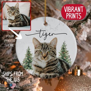 K&ouml;nnte beinhalten: Runder Keramikschmuck mit einer getigerten Katze und dem Wort "tiger" in Schreibschrift. Der Schmuck hat einen marmor&auml;hnlichen Hintergrund mit zwei kleinen Weihnachtsb&auml;umen. Ein kleines Foto der Katze befindet sich in der oberen linken Ecke.